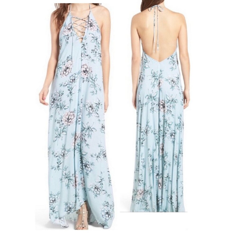 Show Me Your MuMu Logan Lace Up Maxi Dress Small Blue Floral Beachy USA Made